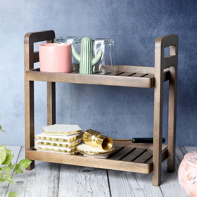 Premium Cocoa Kitchen Wooden Organizer 2-Tiered Serving Stand| Display Snacks, Fruits & Desserts | Kitchen & Dining Organizer in Mahogany Finish (Self Assembly)