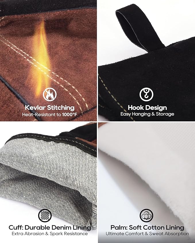 TOPDC Welding Gloves 16Inch 1000℉Heat/Fire Resistant Reinforced Leather Fireproof Gloves with Kevlar Stitching for Mig, Tig, Stick, Forge, BBQ, Grill, Oven, Fireplace, Furnace, Animal Handling, LARGE