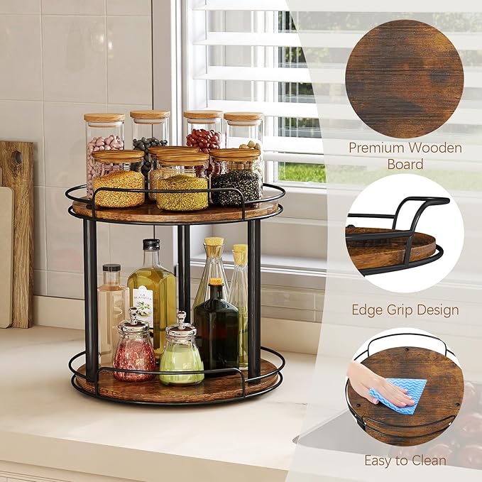 LAMU 10.2'' Wood Lazy Susan Turntable Organizer for Cabinet, 2 Tier Lazy Susan Spice Rack Organizer for Kitchen, Table Top, Countertop, Pantry, Medicine Organizer