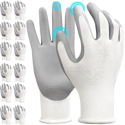 Kebada W1 Work Gloves for Men and Women, 12 Pairs Touchscreen Safety Gloves with Grip, PU-Coated, Ideal for Light & Medium Duty Tasks, White, X-Large
