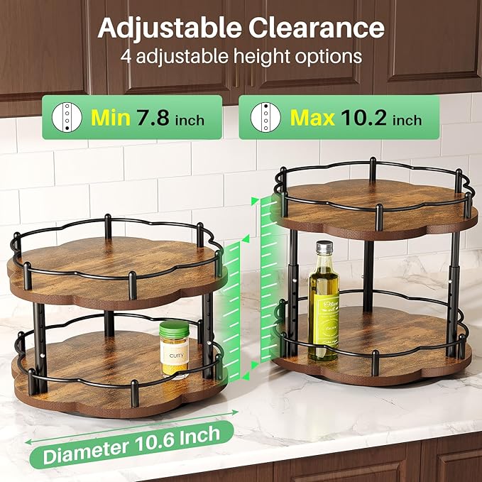 Lazy Susan Spice Rack Organization for Cabinet - 2 Tier Adjustable Height Lazy Turntable Spice Organizer for Kitchen Countertop & Pantry, Wood 10 Inch Seasoning Storage, Black