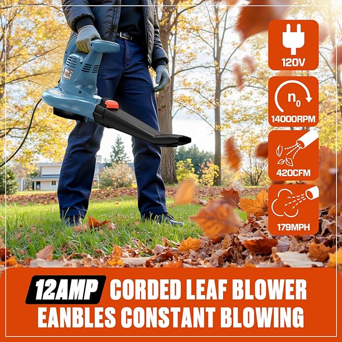 SENIX 12 AMP Leaf Blower, 3-in-1 Handheld Electric Leaf Blower, Vacuum, and Mulcher, 420 CFM, 179 MPH Airflow,Corded Blowers with Reusable Collection Bag (BLVE12-M)