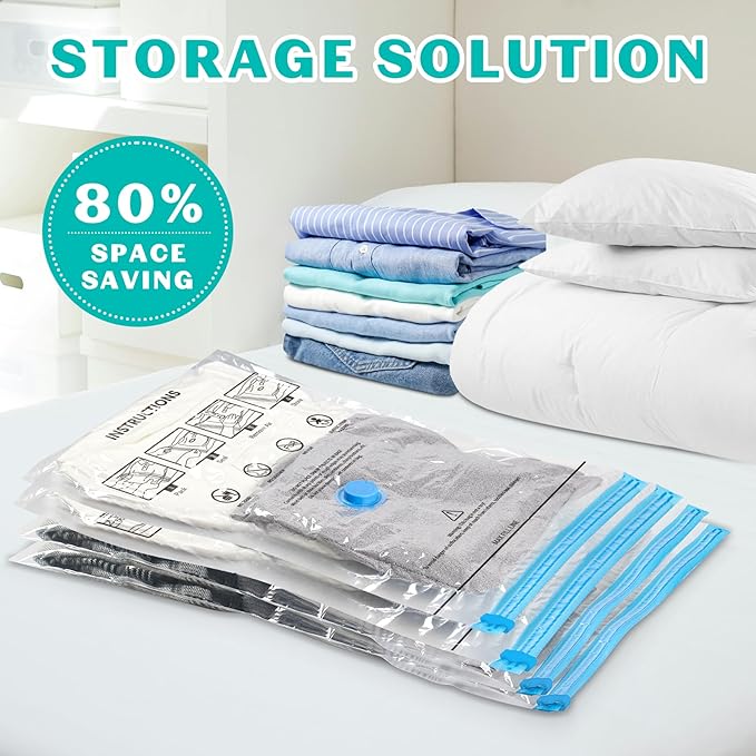 Vacuum Seal Bags for Clothing Travel, 15 Combo - Vacuum Storage Bags, Compression Bags for Travel, Blankets Luggage Clothes - Hand Pump Included（3 Jumbo, 3 Large, 3 Medium, 3 Small, 3 Roll Up Bags）