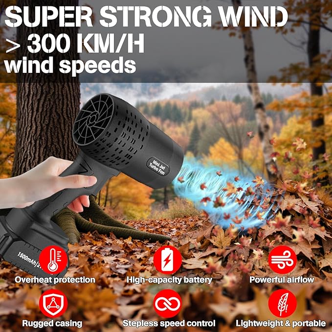 Leaf Blower with 21V*2 Pcs Batteries, 650000RPM Powerful Fan, High Variable Speed 200 MPH, Handheld Air Blower, Perfect for Car Drying, Patio Cleaning, Lawn Caring, Leaves Blowing (Black)