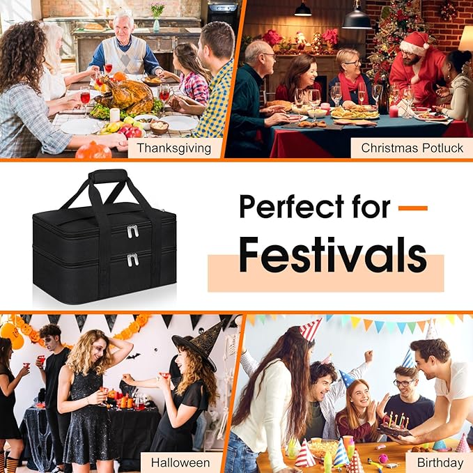 Double Insulated Casserole Carrier, Portable Casserole Carrier for Hot or Cold Food Lunch Tote Warmer or Cooler Bag, Lasagna Lunch Bag for Potluck Parties- Fits 9" x 13" Baking Dish-Black