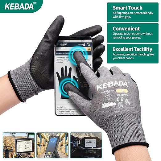 Kebada W1 Work Gloves for Men and Women, Touchscreen PU Coated Gloves with Grip, 50 Pairs Bulk Pack, Ideal for Warehouse Package Handling, Construction, Gardening, Gray Large