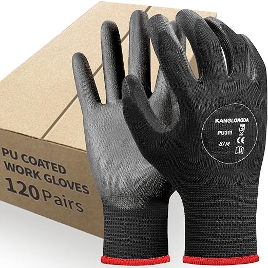 Kebada 120 Pairs Work Gloves Bulk Pack, Mens Work Gloves with Grip, PU Dipped Gloves for Warehouse, Construction, Gardening and Mechanics, Black, Medium