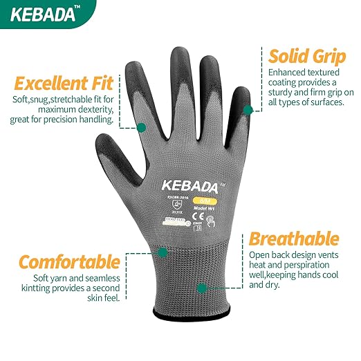 Kebada W1 Work Gloves for Men and Women, Touchscreen PU Coated Gloves with Grip, 50 Pairs Bulk Pack, Ideal for Warehouse Package Handling, Construction, Gardening, Gray X-Large