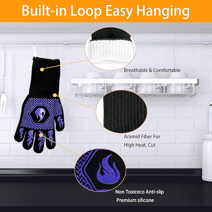 BBQ Fireproof Gloves, Grill Cut-Resistant Gloves 1472°F Heat Resistant Gloves, Non-Slip Silicone Oven Gloves, Kitchen Safe Cooking Gloves for Oven Mitts,Barbecue,Cooking, Frying, Blue（2 Pairs）