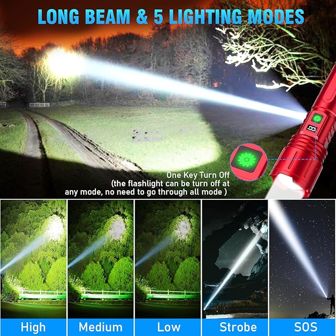 Flashlights High Lumens Rechargeable - 1500 Meters Long Beam Super Bright LED Flash Light with Power Display & IPX5 Waterproof for Camping, 20H Runtime,5 Modes,Zoomable Handheld Flashlight -Red