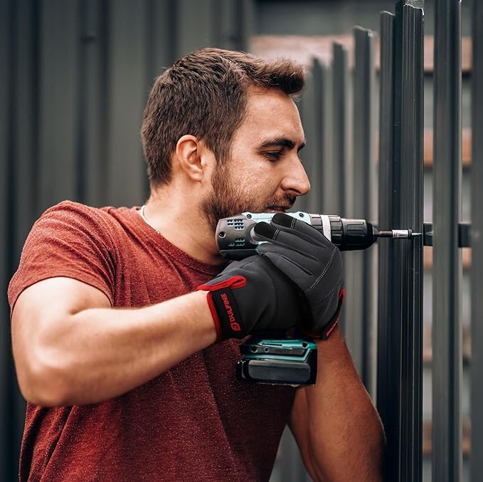 DULFINE Flex Grip Mechanic Work Gloves for Men,Black and Red Utility Safety Working Gloves Touch Screen,Excellent Grip,Ideal for Working on Cars and Outdoor Jobs(Large)