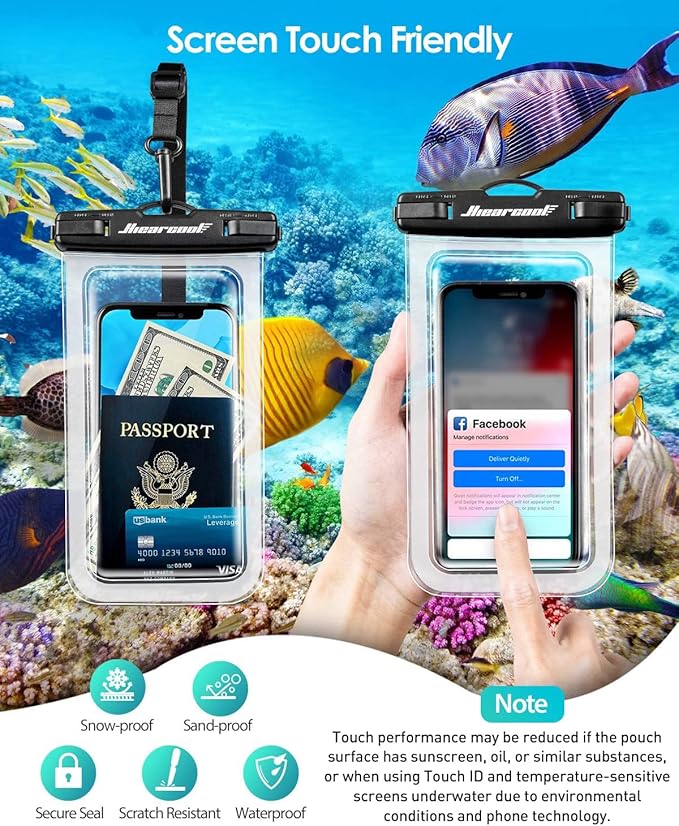 Hiearcool Waterproof Phone Pouch, Waterproof Beach Bag Compatible for iPhone 16 15 14 13 Pro Max Up to 8.3", IPX8 Cellphone Kayak Accessories, Travel Essentials for Beach -Clear-2Pack