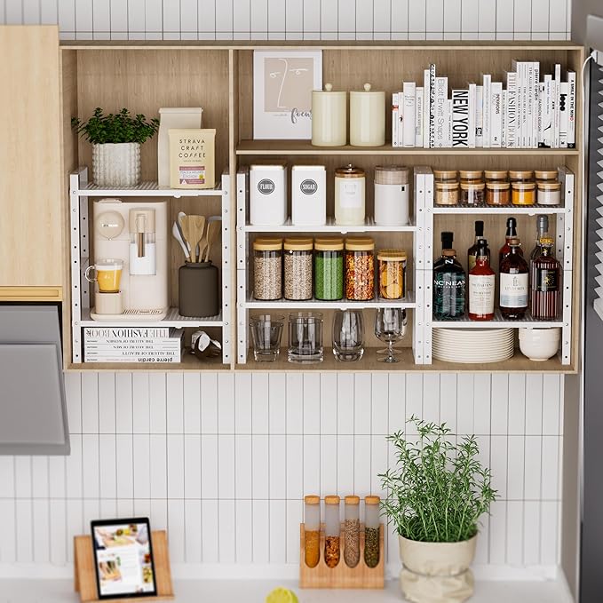 Expandable Spice Rack, Stackable Metal Pantry Storage Shelves Stand, Adjustable Height Cabinet Shelf Organizer Racks(1PACKS/WHITE,LARGE)