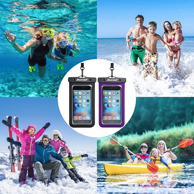 Hiearcool Universal Waterproof Phone Pouch Compatible for iPhone 16 15 14 13 Pro Max Plus Up to 8.3", IPX8 Beach Travel Essentials-Black&Purple-2Pack