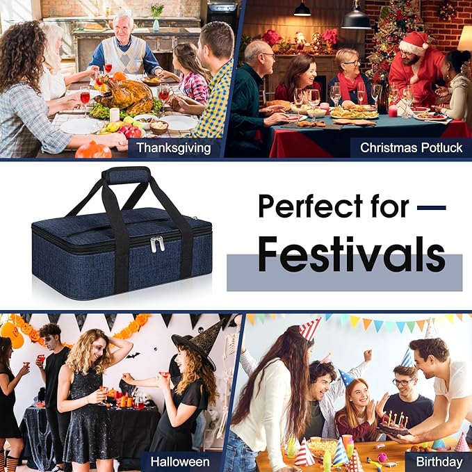 Insulated Casserole Carrier, Portable Casserole Carrier for Hot or Cold Food Lunch Tote Warmer or Cooler Bag, Lasagna Lunch Bag for Potluck Parties- Fits 9" x 13" Baking Dish-Navy blue