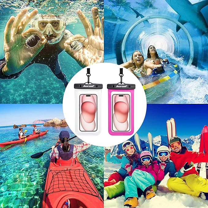 Hiearcool Universal Waterproof Phone Pouch,IPX8 Cell Phone Waterproof Case Up to 8.3" for iPhone 16 15 14 13 Pro Max,Beach Essentials Vacation Must Haves-Clear&Bright Red-2Pack