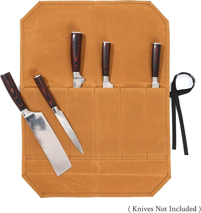 Knife Roll Bags, 16oz Waxed Canvas Knife Holder (5 Slots & Specialized Anti Cutting Fabric), Multi-Purpose Knife Pouch with Tie Rope, Khaki