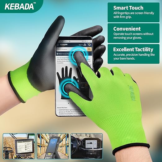 Kebada W1 Work Gloves for Men and Women, PU Coated Safety Gloves with Grip, Touchscreen, Ideal for Warehouse Package Handling, Construction, Gardening, Green Large