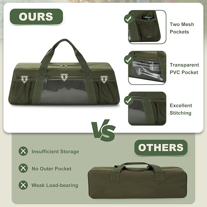 Grill Tool Storage Bag, Outdoor BBQ Utensil Holder for Barbecue Tool up to 20", Large Grill Utensil Storage Caddy with Pockets, BBQ Accessories Case Container for Camping, Bag Only, Green