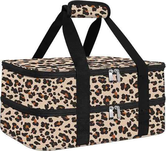 esouler Double Insulated Casserole Carrier Bag Hot & Cold Food Carrier Bag Lasagna Holder Lunch Bag for Picnics, Parties, Travel, Fits 9 x 13 Inches Casserole Dish-Leopard