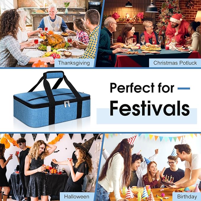 Insulated Casserole Carrier, Portable Casserole Carrier for Hot or Cold Food Lunch Tote Warmer or Cooler Bag, Lasagna Lunch Bag for Potluck Parties- Fits 9" x 13" Baking Dish-Azure