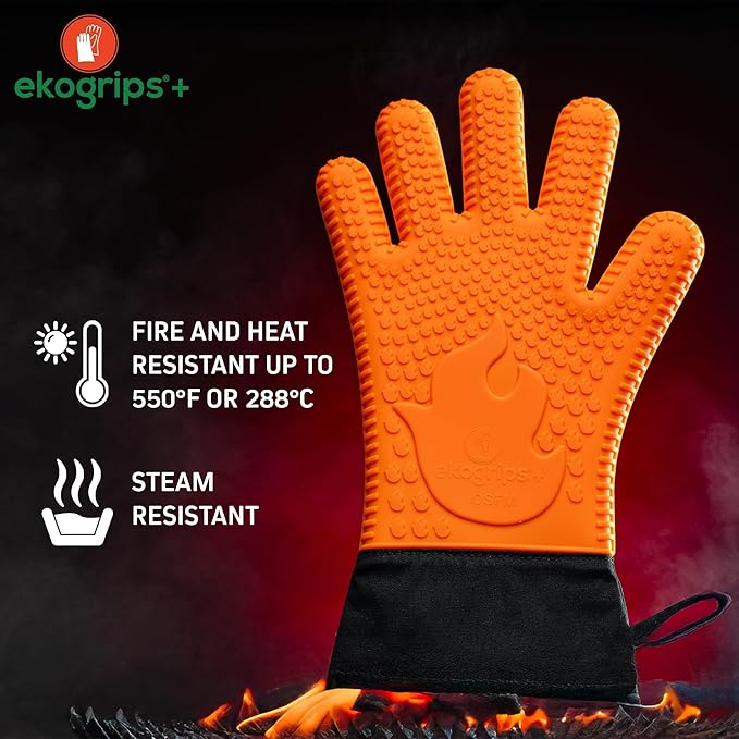 Ekogrips+ Premium Silicone Oven Mitts - Comfy, Waterproof, Heat Resistant BBQ Gloves for Grilling, Long Cuff for Added Protection, 5 Finger Dexterity, 3 Sizes, 4 Colors, L/XL, Orange