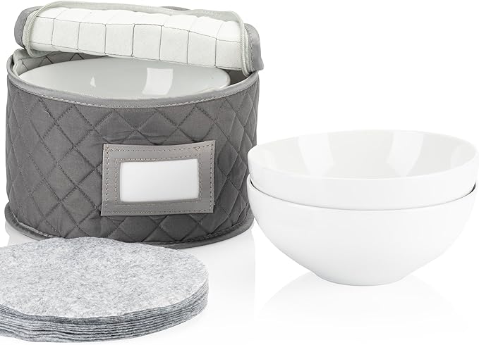 Stack Store Plus More China Storage Quilted Case for Dessert Plate, Bowls, Small Plate or Saucer - 8" W x 6" H - Gray - Includes 12 Felt Separators