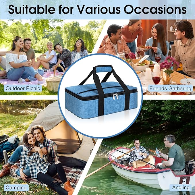 Insulated Casserole Carrier, Portable Casserole Carrier for Hot or Cold Food Lunch Tote Warmer or Cooler Bag, Lasagna Lunch Bag for Potluck Parties- Fits 9" x 13" Baking Dish-Azure