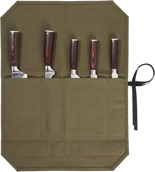 Kaaltisy Knife Roll Bag, 16oz Waxed Canvas Chef Knife Bag with 5 Slots, Specialized Anti Cutting Fabric Knife Holder with Tie Rope | Army Green