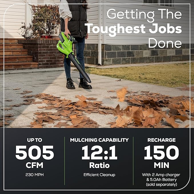 Greenworks 40V (230 MPH / 505 CFM) Cordless Brushless Leaf Blower/Vacuum with Bag, High Power, Lightweight & Quiet for Yard Debris Cleanup, Battery and Charger not included