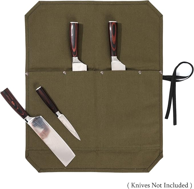 Kaaltisy Knife Roll Bag, 16oz Waxed Canvas Chefs Knife Bag with 4 Slots, Specialized Anti Cutting Fabric Knife Holder with Tie Rope | Army Green