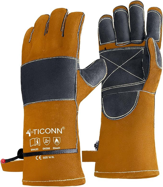 TICONN Welding Gloves, 1000°F Heat-Resistant Fireproof Leather Gloves for Welders, Stick, Forge, Mig, Tig, BBQ, Baking, Oven