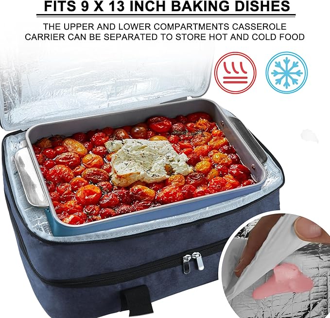 esouler Double Insulated Casserole Carrier Bag Hot & Cold Food Carrier Bag Lasagna Holder Lunch Bag for Picnics, Parties, Travel, Fits 9 x 13 Inches Casserole Dish-Blue