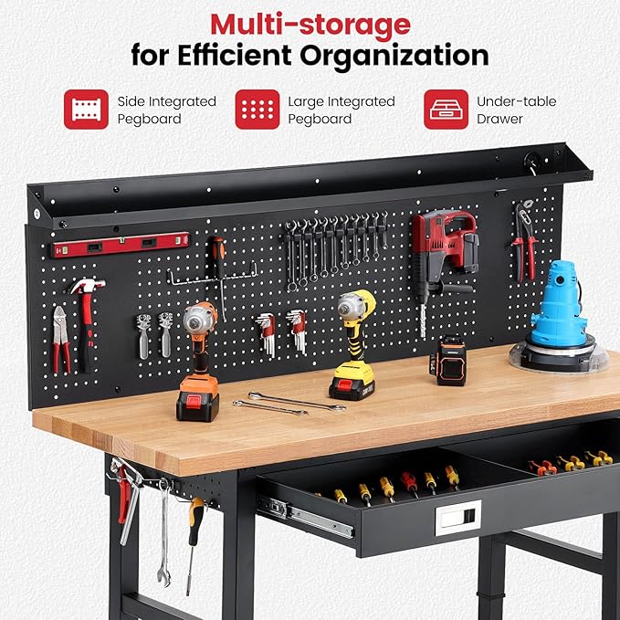 Workbench with Wheels 60 Inch Heavy Duty Rubberwood Tabletop Work Bench for Garage Adjustable Height Work Table with Pegboard, Drawers, Power Outlets for Woodworking, Home, Office, Workshop
