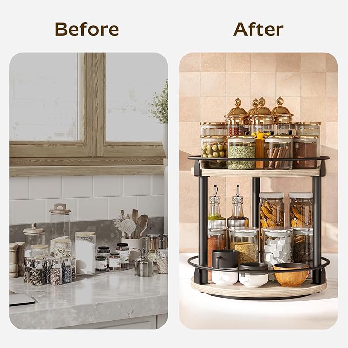 Lazy Susan Organizer, Rotating Spice Rack, 2 Tier Spice Turntable Organizer, Industrial Turntable Spice Holder, for Kitchen Countertop and Cabinet, Compact and Versatile, Greige SR22BG