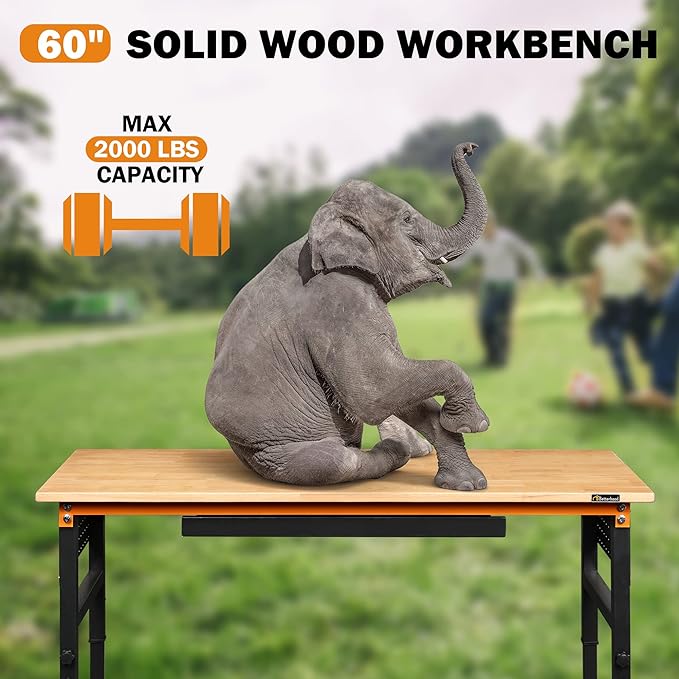 60" Heavy-Duty Adjustable Workbench for Garage, Rubber Wood Shop Table W/Double Pegboards & Drawer,Hardwood Workstation Weight Capacity Over 2000 Lbs