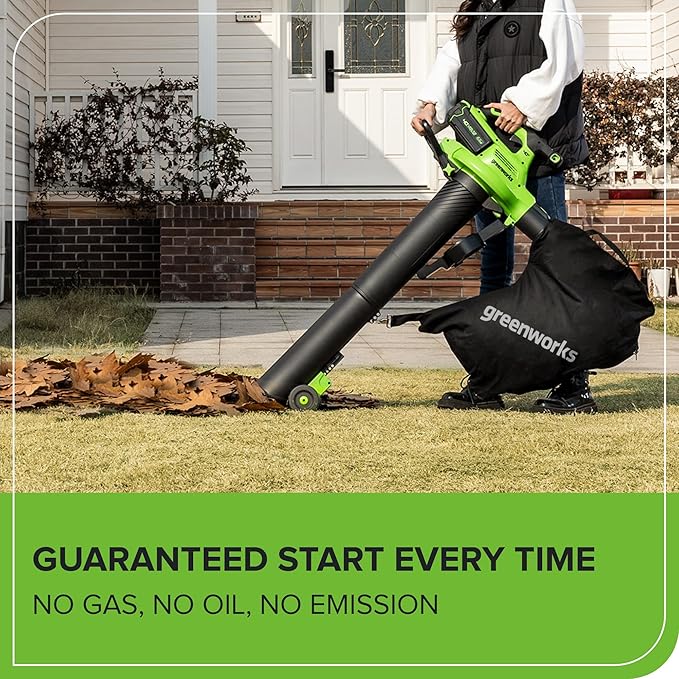 Greenworks 40V (230 MPH / 505 CFM) Cordless Brushless Leaf Blower/Vacuum with Bag, High Power, Lightweight & Quiet for Yard Debris Cleanup, Battery and Charger not included
