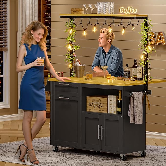 Itaar Rolling Kitchen Island Table on Wheels with Drop Leaf, 40" Mobile Kitchen Carts with Trash can Storage, Storage Cabinet, Drawer, Spice/Towel Rack, Black