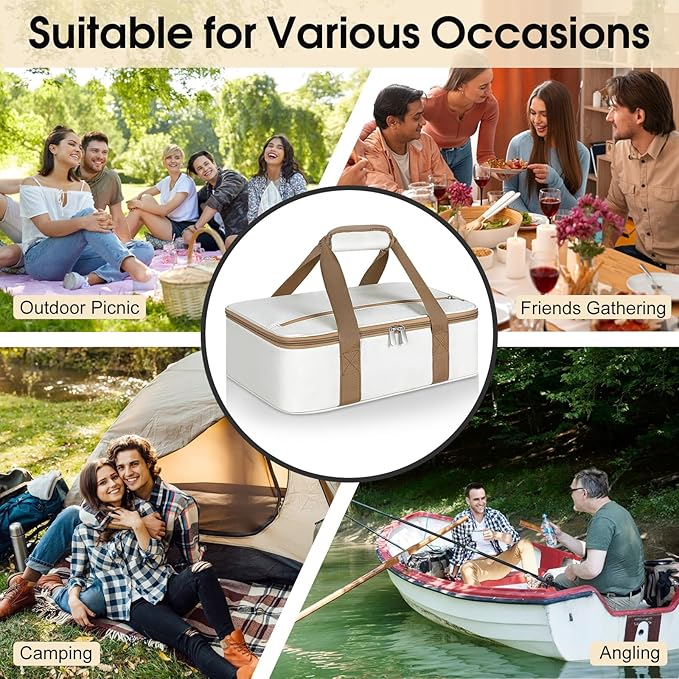 Insulated Casserole Carrier, Portable Casserole Carrier for Hot or Cold Food Lunch Tote Warmer or Cooler Bag, Lasagna Lunch Bag for Potluck Parties- Fits 9" x 13" Baking Dish-Beige