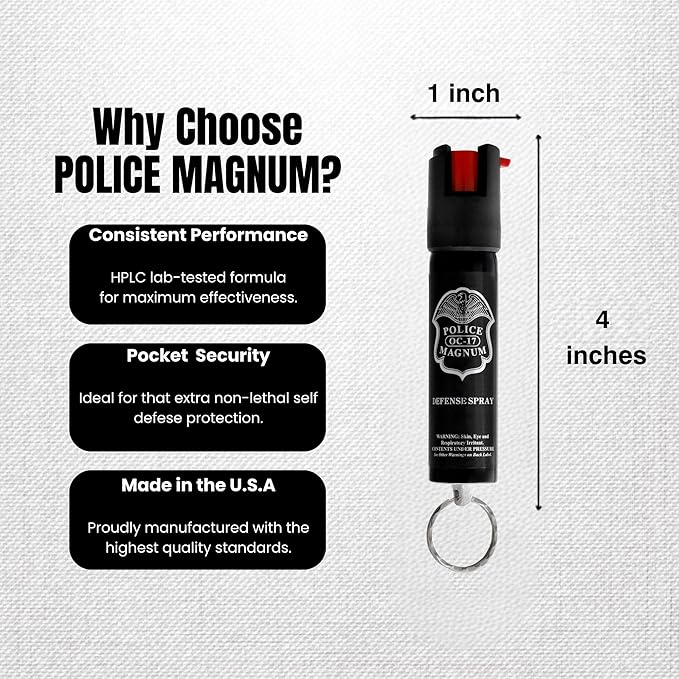 Police Magnum Small Pepper Spray Self Defense Safety Tool- Strong Built-in Keychain Holder- Compact Discreet Canister- Made in The USA- 1 Pack 3/4oz Twist Lock Keyring