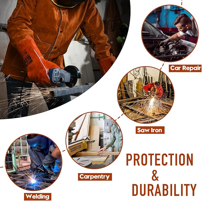 QeeLink Leather Welding Jacket - Flame-Resistant Heavy Duty Work Welder Jackets - Split Cowhide Welding Coat for Men Women