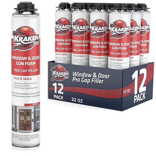 Kraken Bond Window & Door Expanding Foam Spray - (12x32oz) Professional Foam Sealant Gap Filler, Low Expansion Polyurethane Foam Spray for Holes, Gun Use, Gun&Cleaner NOT Included - 12 Pack