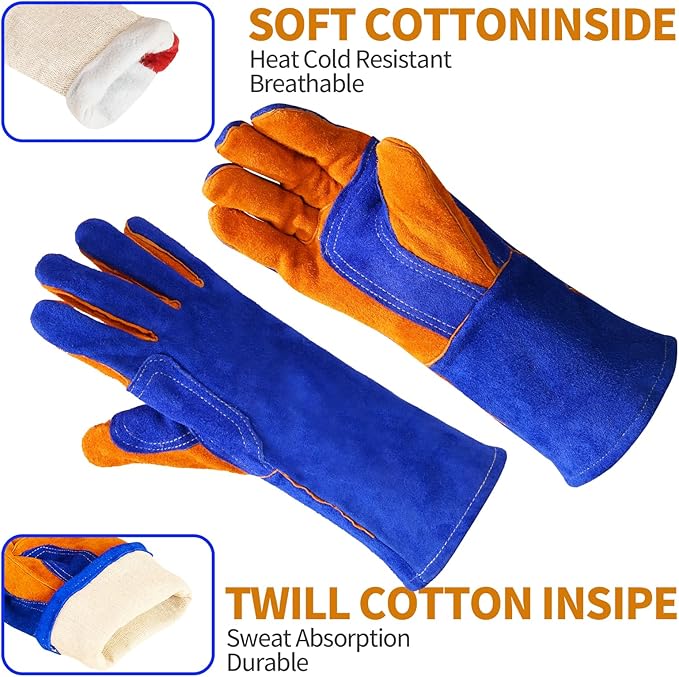 Leather MIG Welding Gloves - Heat Fire Resistant for Welding/Grilling/BBQ(Black/Brown/Blue)