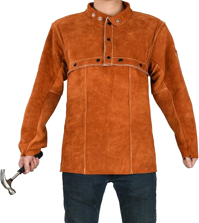 LeaSeek Leather Welding Jacket - Heavy Duty Welding Apron with Sleeve,Heat Flame Resistant Cowhide Weld Coat for Men Women.