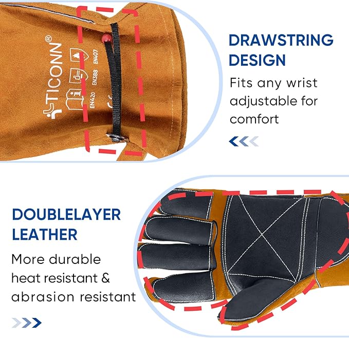 TICONN Welding Gloves, 1000°F Heat-Resistant Fireproof Leather Gloves for Welders, Stick, Forge, Mig, Tig, BBQ, Baking, Oven