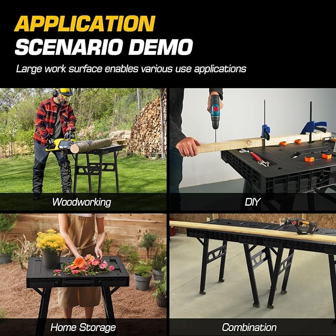 Express Folding Work Table, Easy Setup Portable Folding Work Table & Portable Folding Workbench, 34" W x 25" D x 31" H Lightweight Versatile Clamping Worktable for Garage/Wood Shop (Black)