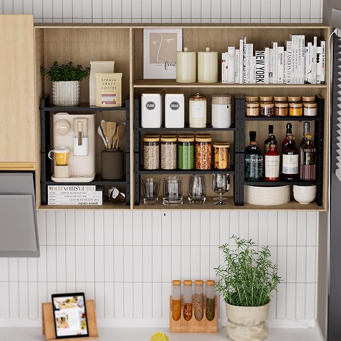 Expandable Spice Rack, Stackable Metal Pantry Storage Shelves Stand, Adjustable Height Cabinet Shelf Organizer Racks(3PACKS/BLACK,LARGE)