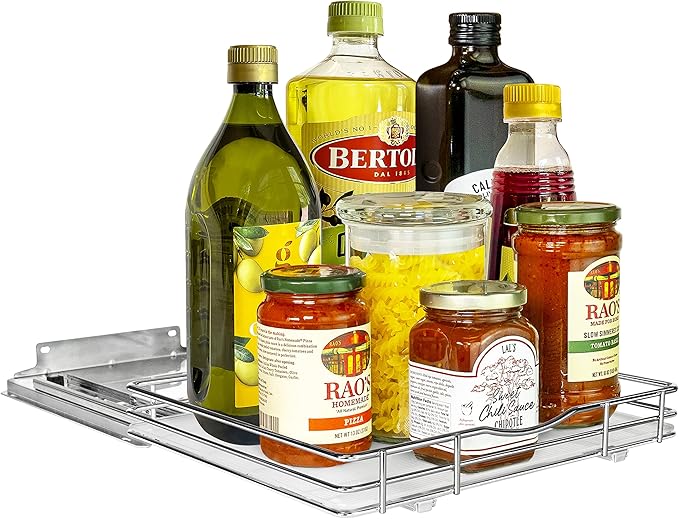 LYNK PROFESSIONAL® Pull Out Spice Rack Organizer for Inside Kitchen Cabinets - 12-1/4 inch Wide - Slide Out Drawer – Chrome Sliding Spice Cabinet Organization Shelf Racks - 1 Tier