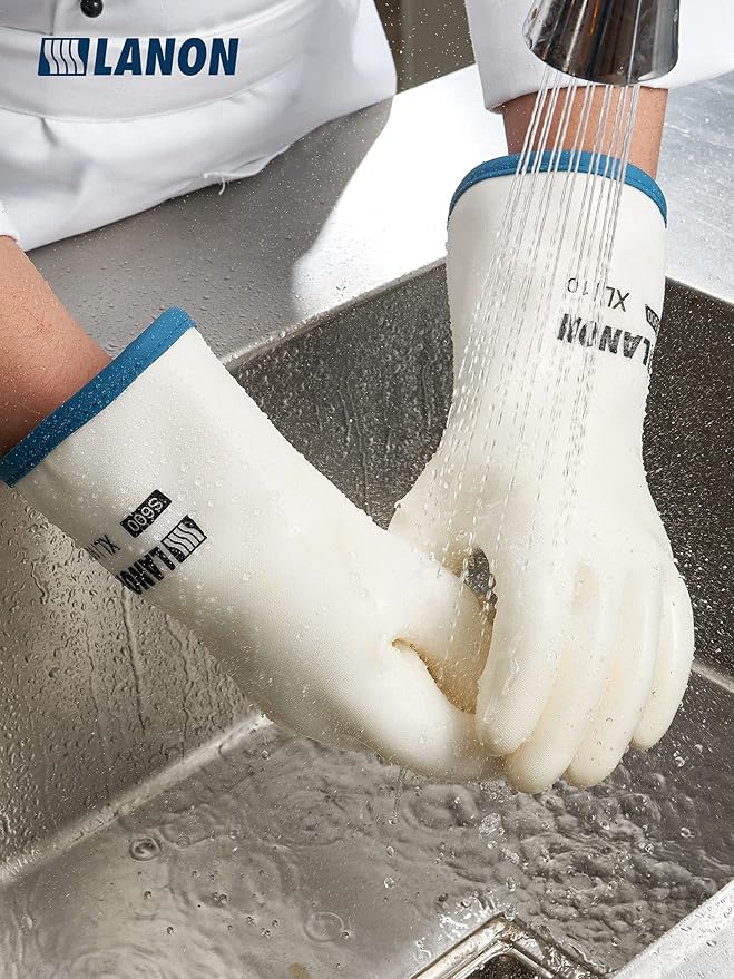 LANON Liquid Silicone Gloves, Heat Resistant Oven Gloves with Fingers, Food Grade, Waterproof, White, Large
