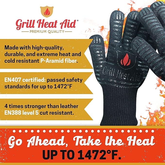 GRILL HEAT AID BBQ Grill Gloves Heat Proof for Grilling – Fireproof 1472°F Heat-Resistant Grill Mitts for Outdoor Barbecue and Smoker, Campfire, Fire Pit, Oven Glove with Fingers for Baking Pizza